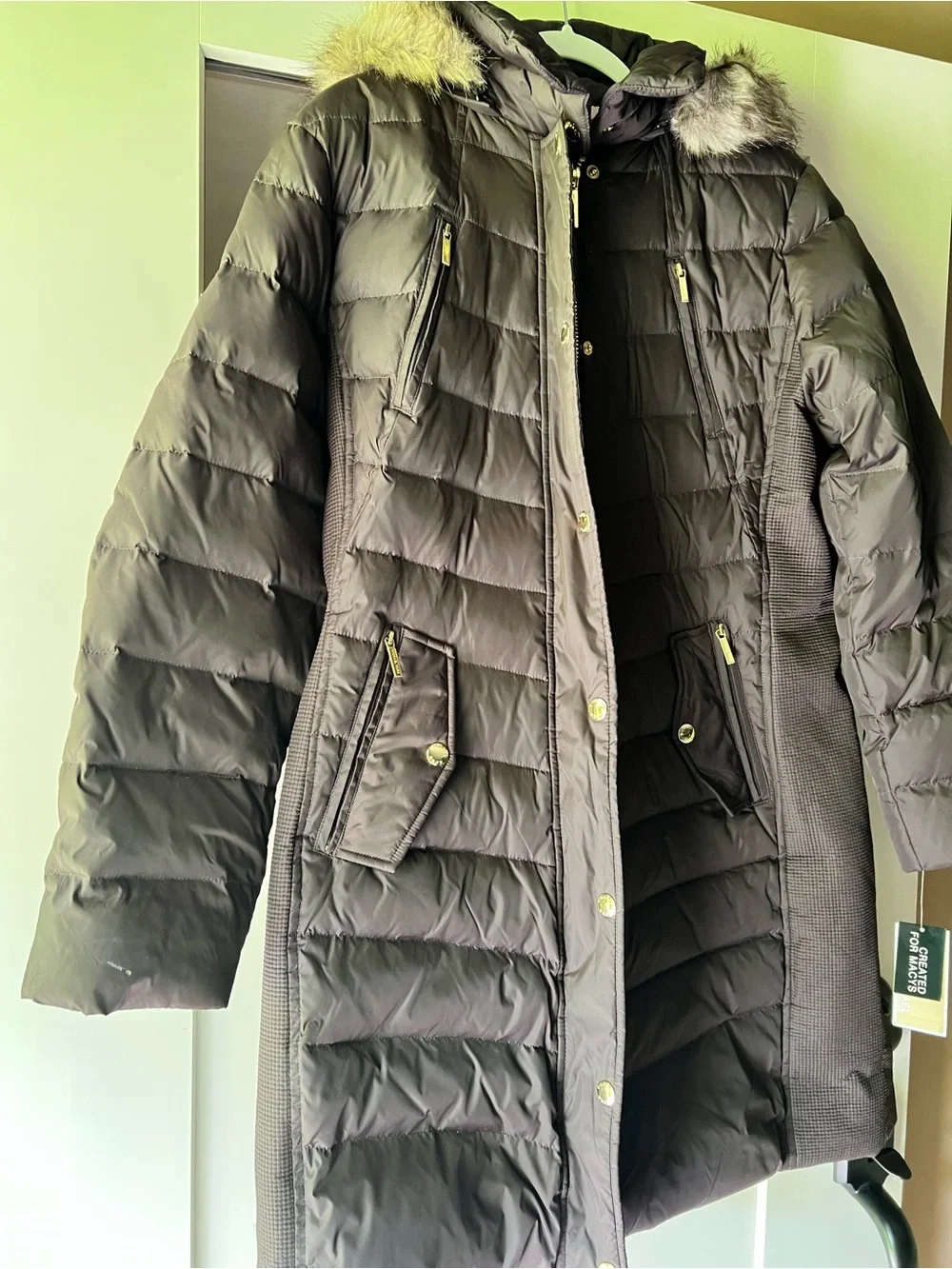 Michael Kors Long Hooded Puffer Coat with Faux Fur Trim - Brown